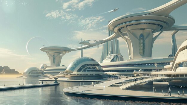 Futuristic Spaceport and City with Waterfront Bridge