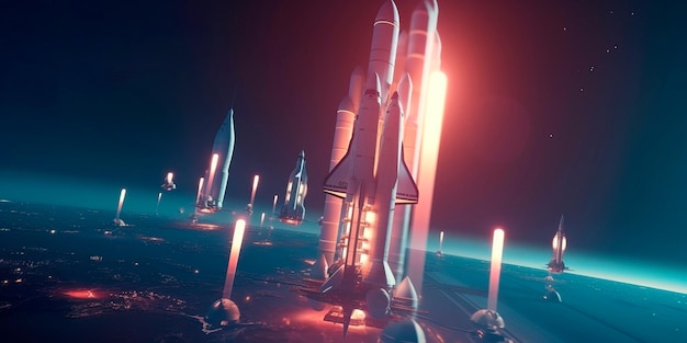 Futuristic spaceport with advanced spaceships launching into space and returning back to Earth Generative AI