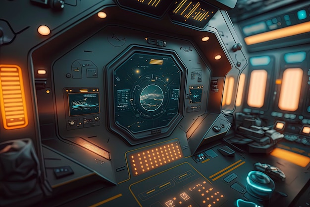 A futuristic spaceship cockpit with hightech control panels and displays