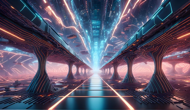 Futuristic spaceship corridor with glowing lights 3d rendering toned image