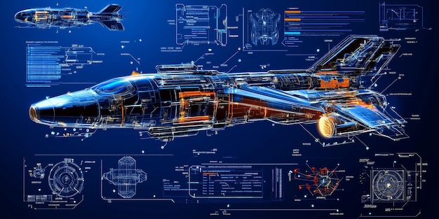 Photo futuristic spaceship design with wireframe and technical schematics