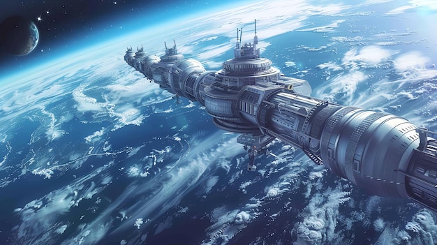 A futuristic spaceship flies above an alien planet