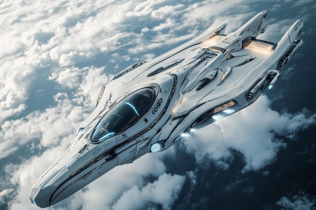 Futuristic spaceship flying in the blue sky 3d rendering