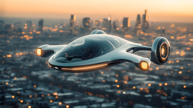 a futuristic spaceship flying over a city with a city in the background