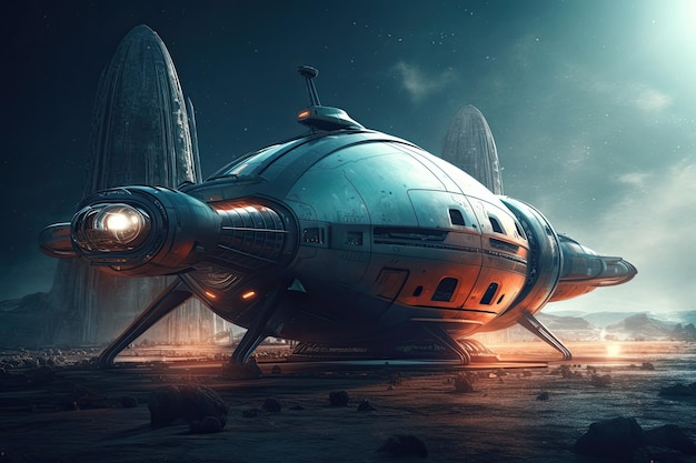 Futuristic spaceship flying near alien planet in space retro futuristic illustration