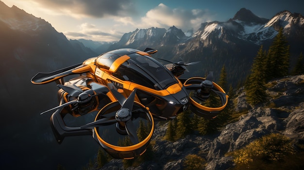 Futuristic spaceship flying above the surface of the planet drone flying in the sky