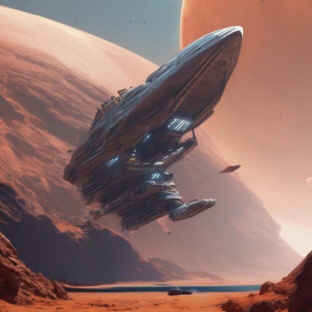 Futuristic spaceship flying through Martian landscape