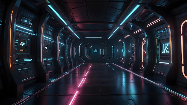 a futuristic spaceship hallway background with neon lights