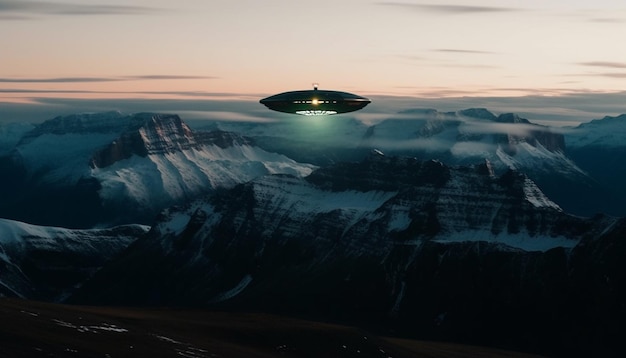 Futuristic spaceship hovers over majestic mountain range in alien landscape generated by AI