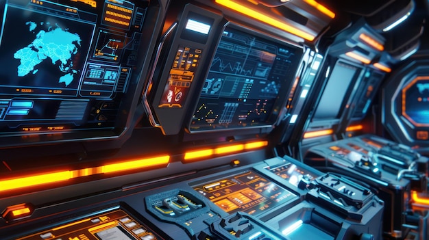 Futuristic spaceship interior with advanced technology and screens