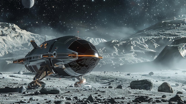 A futuristic spaceship lands on an alien planet with a mountainous landscape