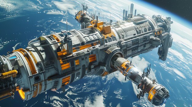 A futuristic spaceship in orbit around Earth