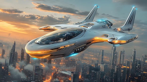 a futuristic spaceship in the sky with a city in the background