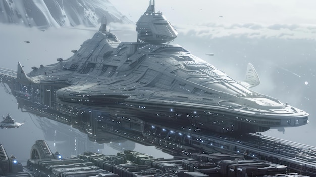 Futuristic Spaceship Over Snowy Landscape