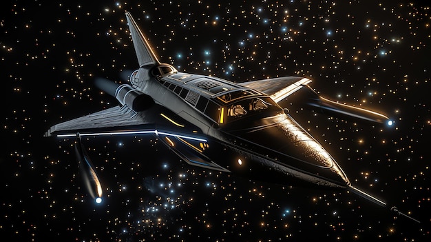 Futuristic spaceship soaring through a field of stars