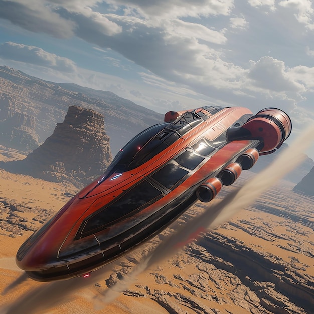 A futuristic spaceship speeding across vast deserts