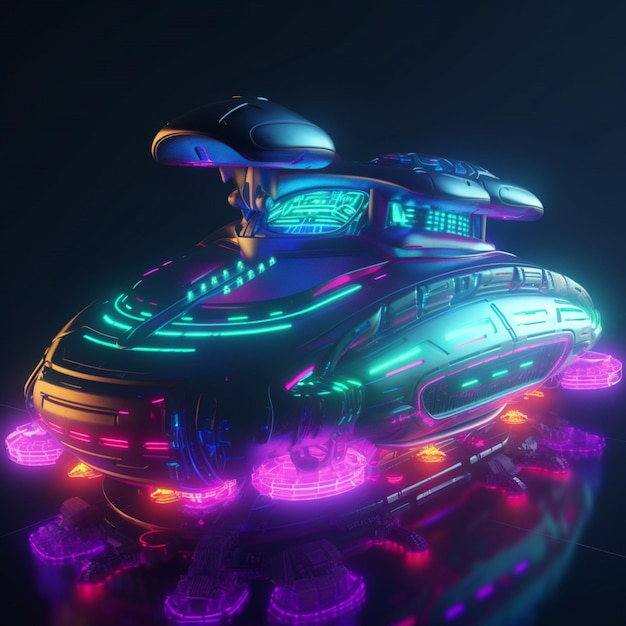 A futuristic spaceship with neon lights and a blue light.