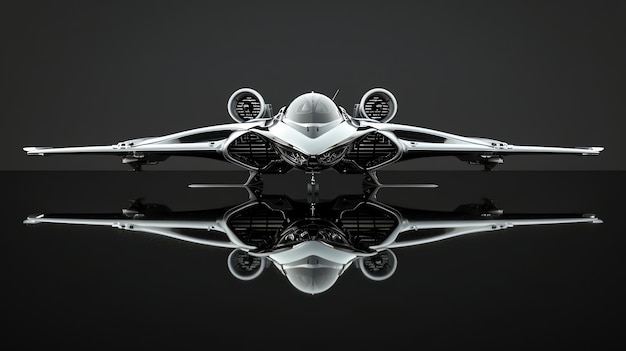 Futuristic spaceship with sleek design reflecting on a black surface