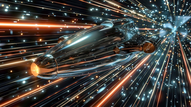 A futuristic spaceship zips through a field of stars and light streaks