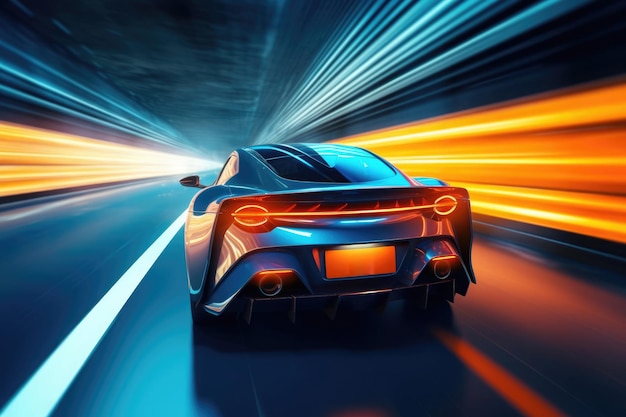 Futuristic sport car at road with motion blur light effect Generative AI