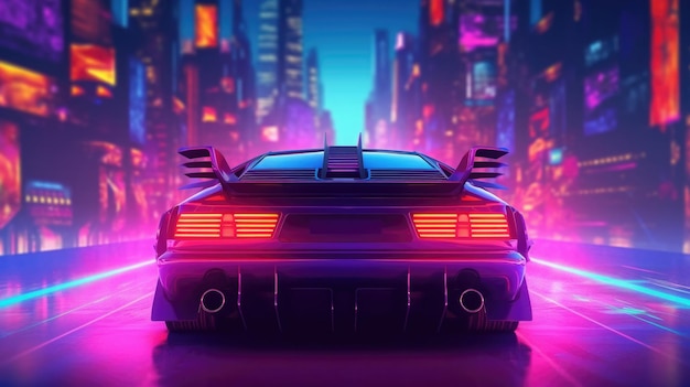 Futuristic sport car with neon lights at cyberpunk city street Generative AI