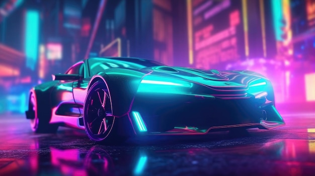 Futuristic sport car with neon lights at cyberpunk city street Generative AI