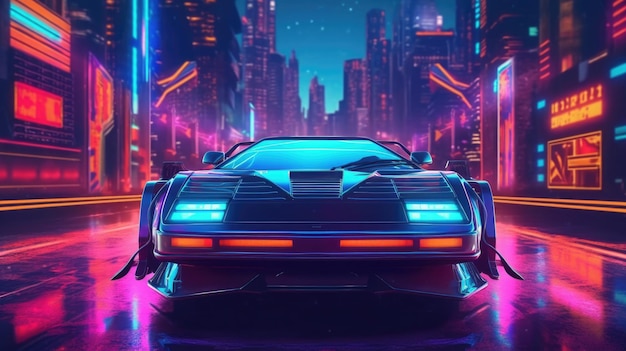 Futuristic sport car with neon lights at cyberpunk city street Generative AI