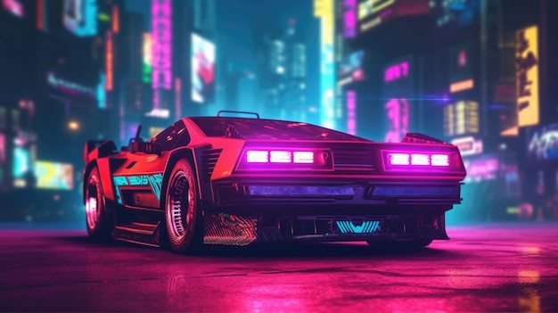 Futuristic sport car with neon lights at cyberpunk city street Generative AI