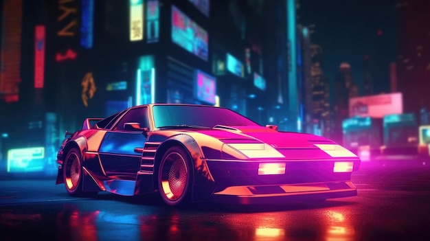 Futuristic sport car with neon lights at cyberpunk city street Generative AI