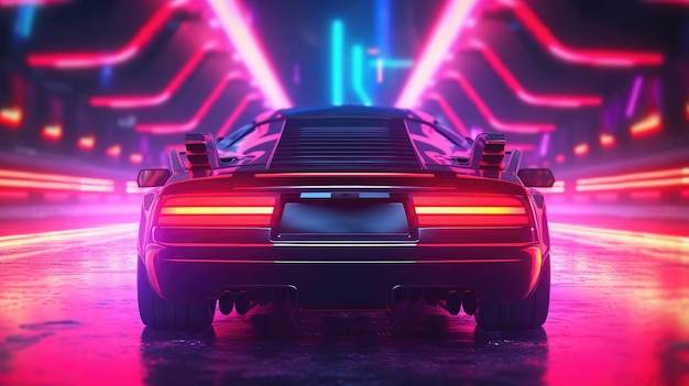 Futuristic sport car with neon lights at cyberpunk city street Generative AI