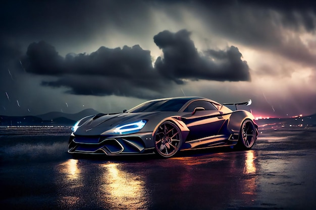 Futuristic sports car on drak dramatic cloudy environment car riding on high speed in the night Generative AIxA