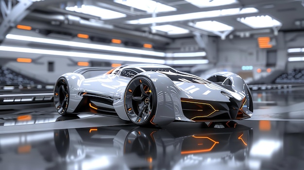 A futuristic sports car in a garage