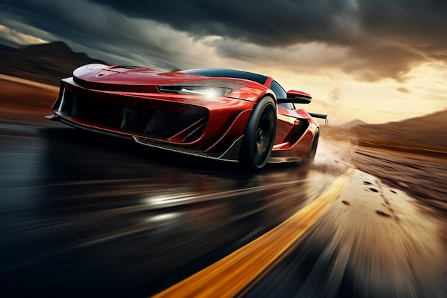 Futuristic Sports Car On Highway Powerful acceleration of a supercar on a night track Generative Ai