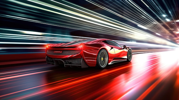 Futuristic Sports Car On Neon Highway Powerful acceleration of a supercar on a night track