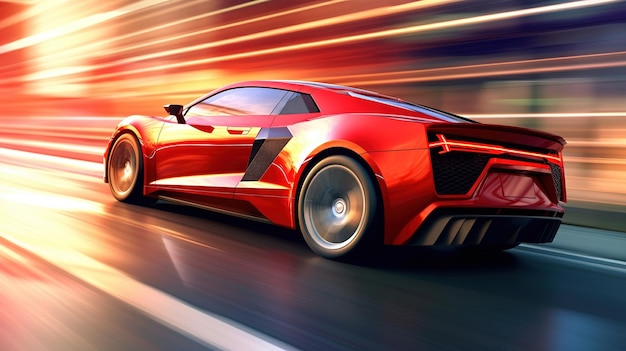 Futuristic Sports Car On Neon Highway Powerful acceleration of a supercar on a night track