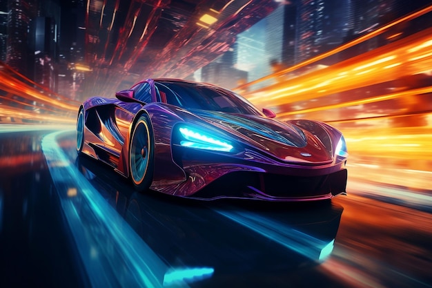 A Futuristic Sports Car on a NeonLit Highway Generative Ai