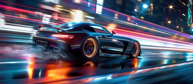 Futuristic sports car speeding through city at night with neon lights creating dynamic motion blur