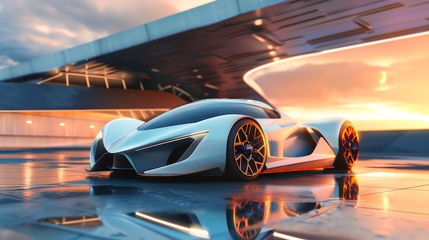 Futuristic sports car with orange rims parked on a sleek modern surface