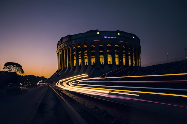 Futuristic stadium with modern design with neon lights at night Generative AI