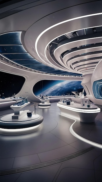 Futuristic stage in spaceship showroom floor with copy space for product display