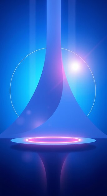 A futuristic stage with a bright blue background a pink neon ring and white spotlights