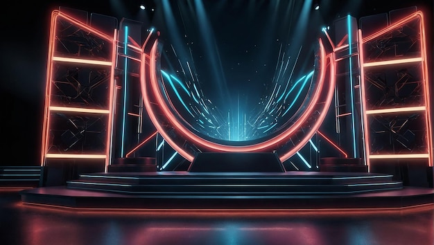 Futuristic stage with neon light frame and podium Stag