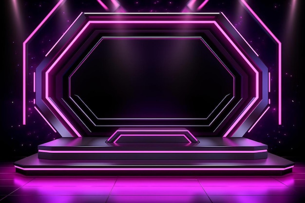 Futuristic stage with neon light frame and podium