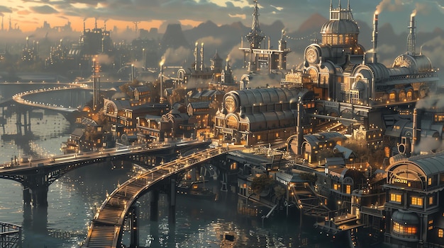 A futuristic steampunk city with bridges and buildings made of metal with a river flowing through it