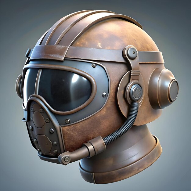 A futuristic steampunk inspired pilot helmet with a worn weathered look