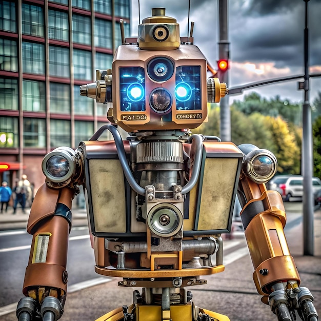 Photo a futuristic steampunk inspired robot stands against a city backdrop showcasing its intricate design and mechanical details