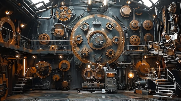 Photo futuristic steampunk machine room with gears pipes and lights