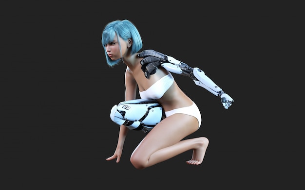 futuristic steel robotic girl posing on dark background 