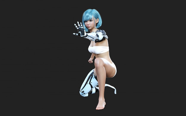 futuristic steel robotic girl posing on dark background 