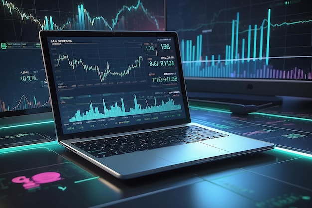 Futuristic stock exchange scene with laptop chart numbers and CALL and PUT